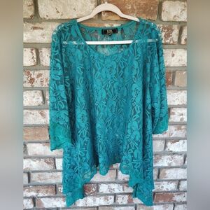 Lucky & Blessesd Women's Teal Lace Asymmetric Tunic Top Sz 2X Cottagecore Artsy